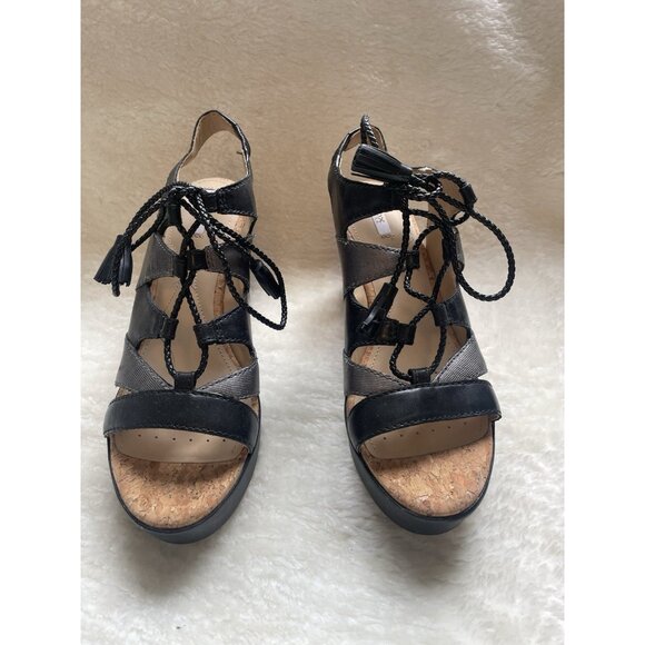 NEW GEOX D JALEAH WEDGE SANDAL Genuine Leather Silver/Black Comfort Rubber Sole - Picture 3 of 8